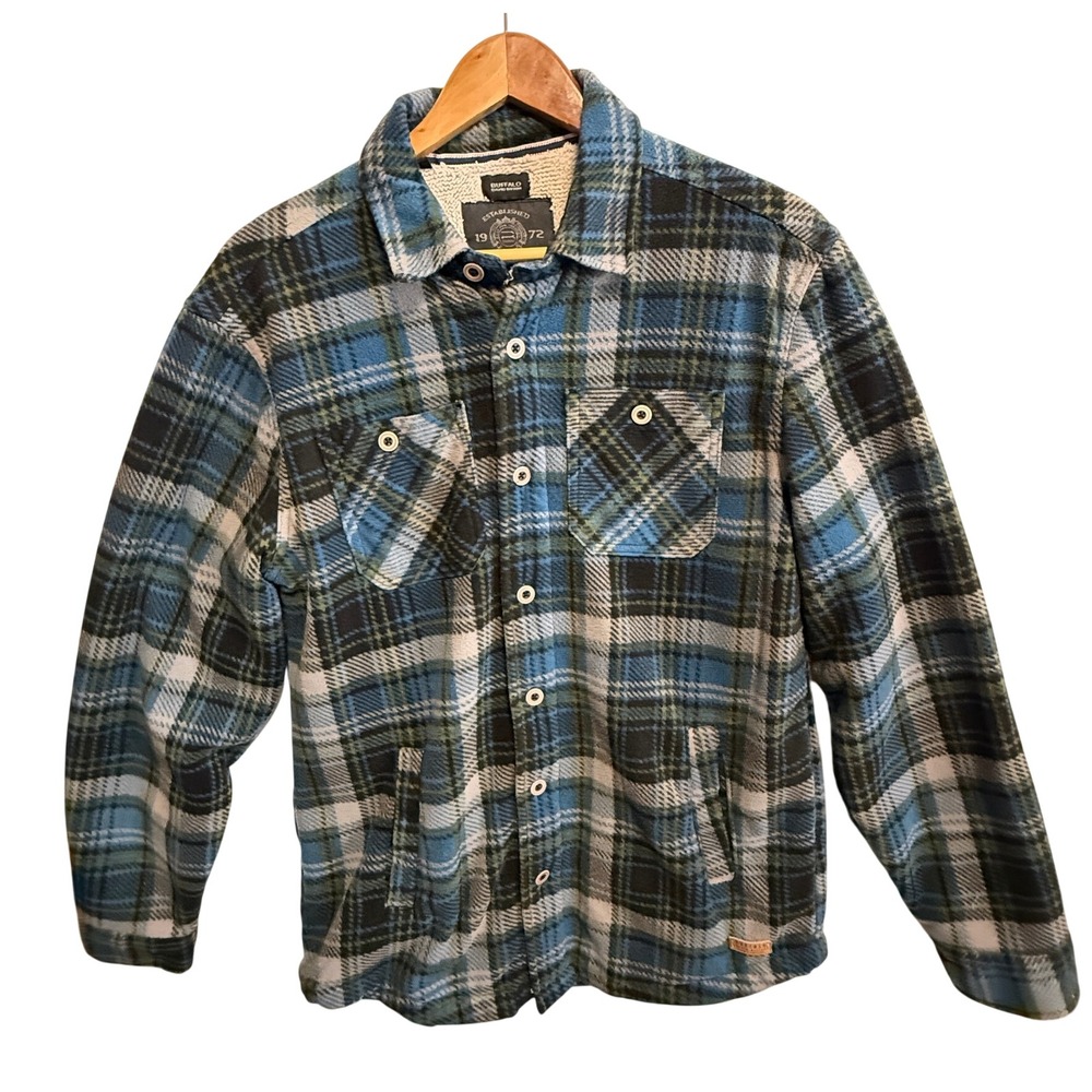 Buffalo David Bitton Mens Fleming Fleece Shirt Shacket Size L Blue Plaid Sherpa